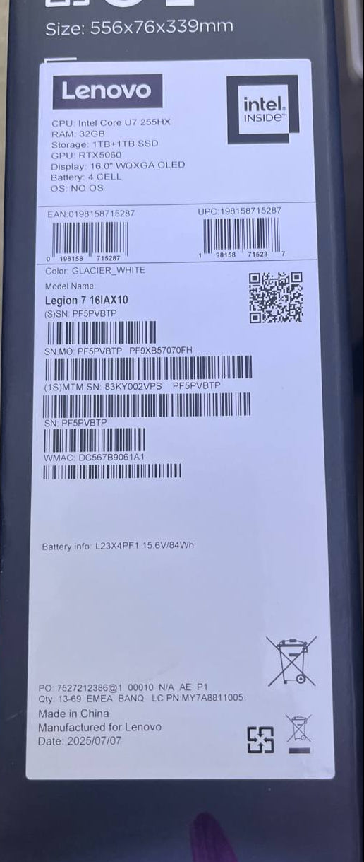 لينوفو ليجن 7 16IAX10 - (2VPS)، معالج إنتل كور ألترا 7-255HX، ذاكرة وصول عشوائي 32 جيجابايت، قرص صلب SSD سعة 2 تيرابايت، بطاقة رسومات إنفيديا RTX 5060 سعة 8 جيجابايت، شاشة 16.0 بوصة بدقة 2.5K WQXGA OLED بتردد 240 هرتز، لون أبيض جليدي