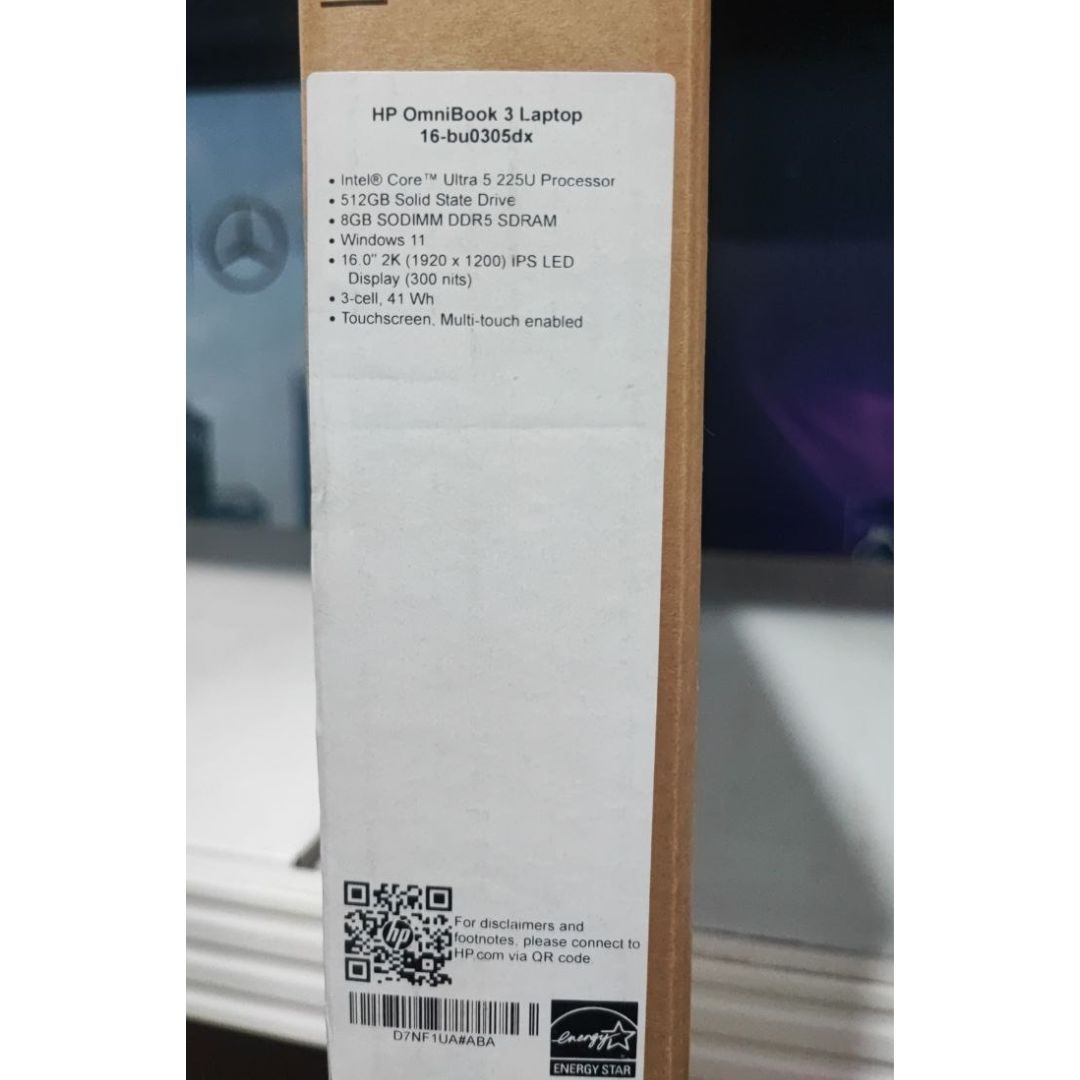 HP OmniBook 3 16-bu0305dx, Intel Core Ultra 5-225U, RAM 8GB, SSD 512GB, Intel Graphics, 16 Inch 2K IPS Touchscreen, Mica Silver