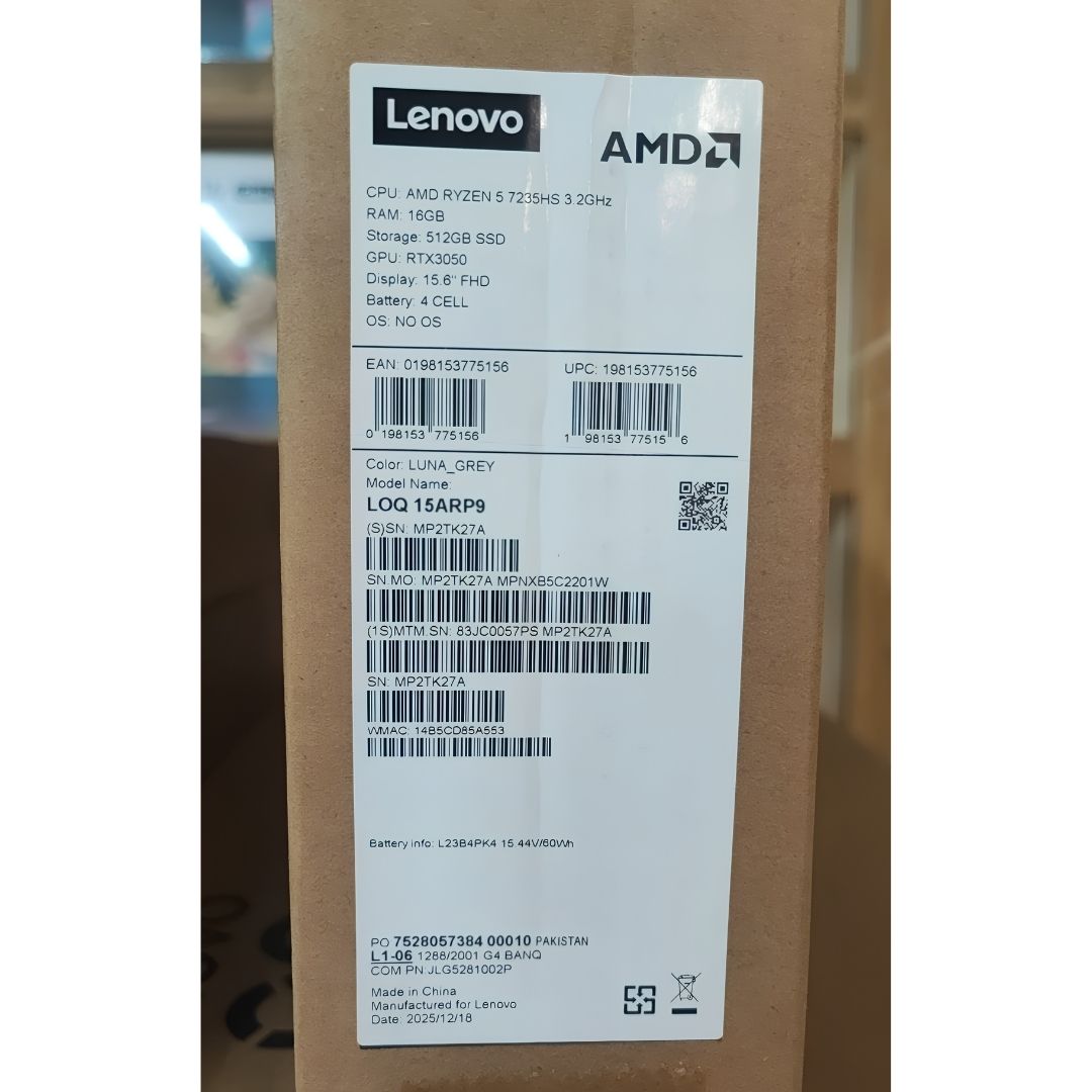Lenovo LOQ 15ARP9 - (57PS) Ryzen 5-7235HS, RAM 16GB, SSD 512GB, RTX 3050-6G, 15.6 Inch FHD, Luna Grey