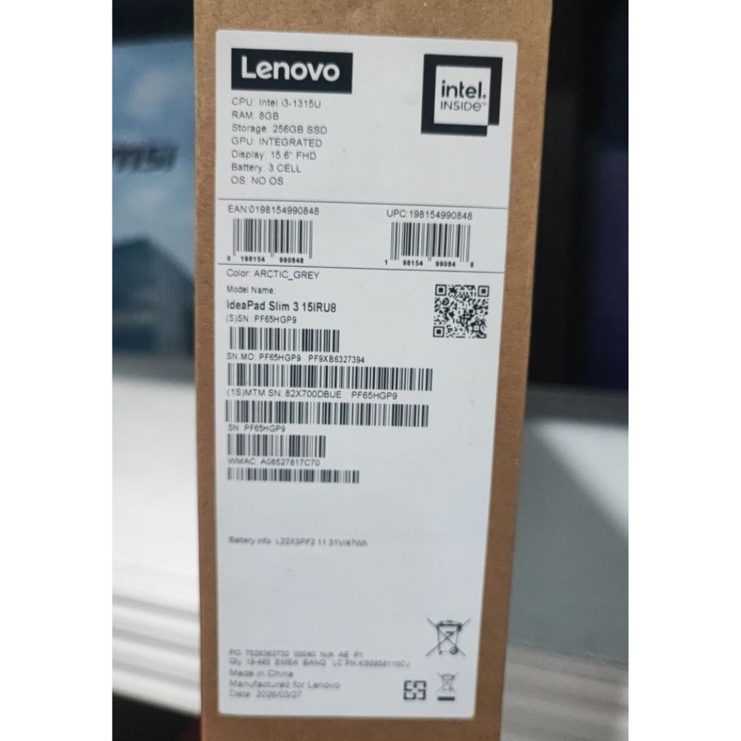 Lenovo IdeaPad Slim 3 15IRU8 (DBUE), Intel Core i3-1315U, RAM 8GB, SSD 256GB, Intel UHD Graphics, 15.6 Inch FHD, Arctic Grey