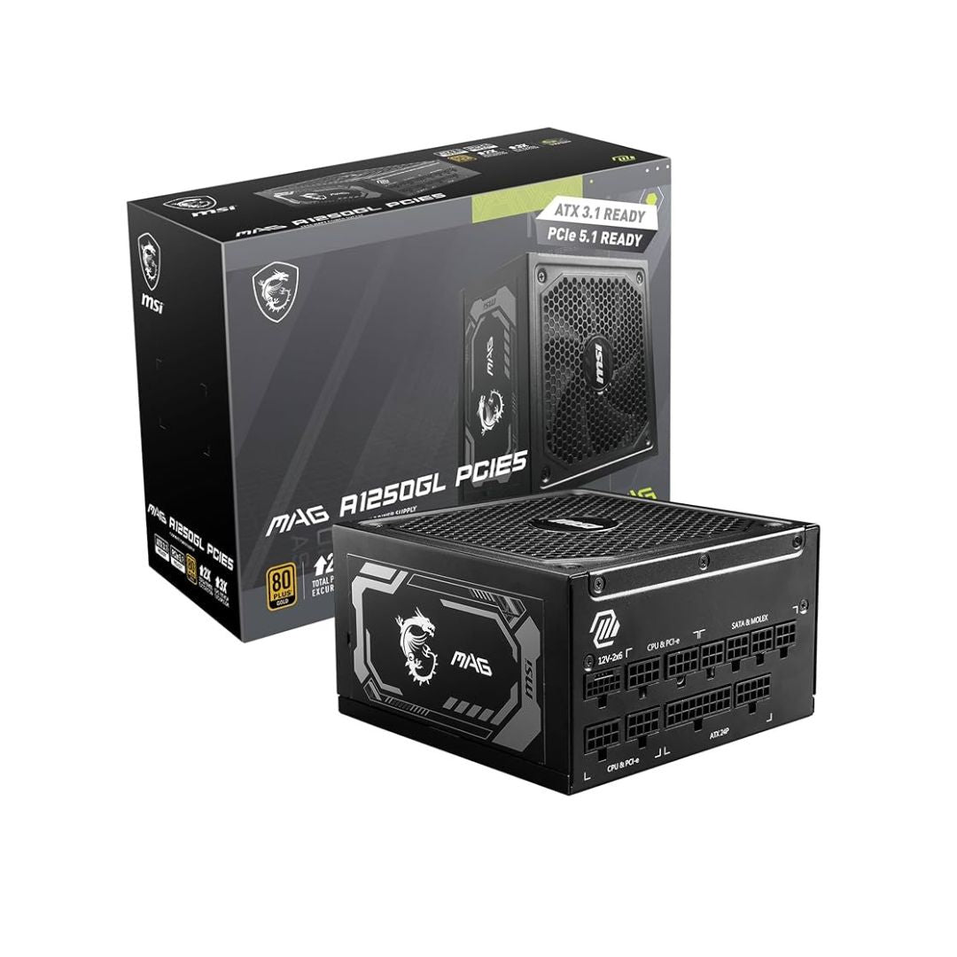 MSI MAG A1250GL مزود طاقة بقدرة 1250 واط، كفاءة PLUS Gold، قابل للفصل بالكامل، يدعم PCIe 5.0