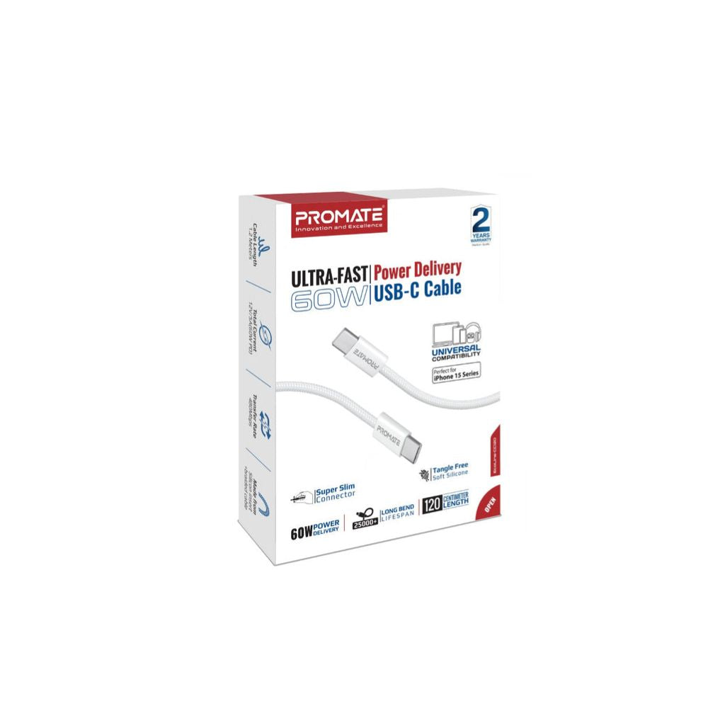 Promate EcoLine-CC120 60W USB-C to USB-C Cable 1.2M - White