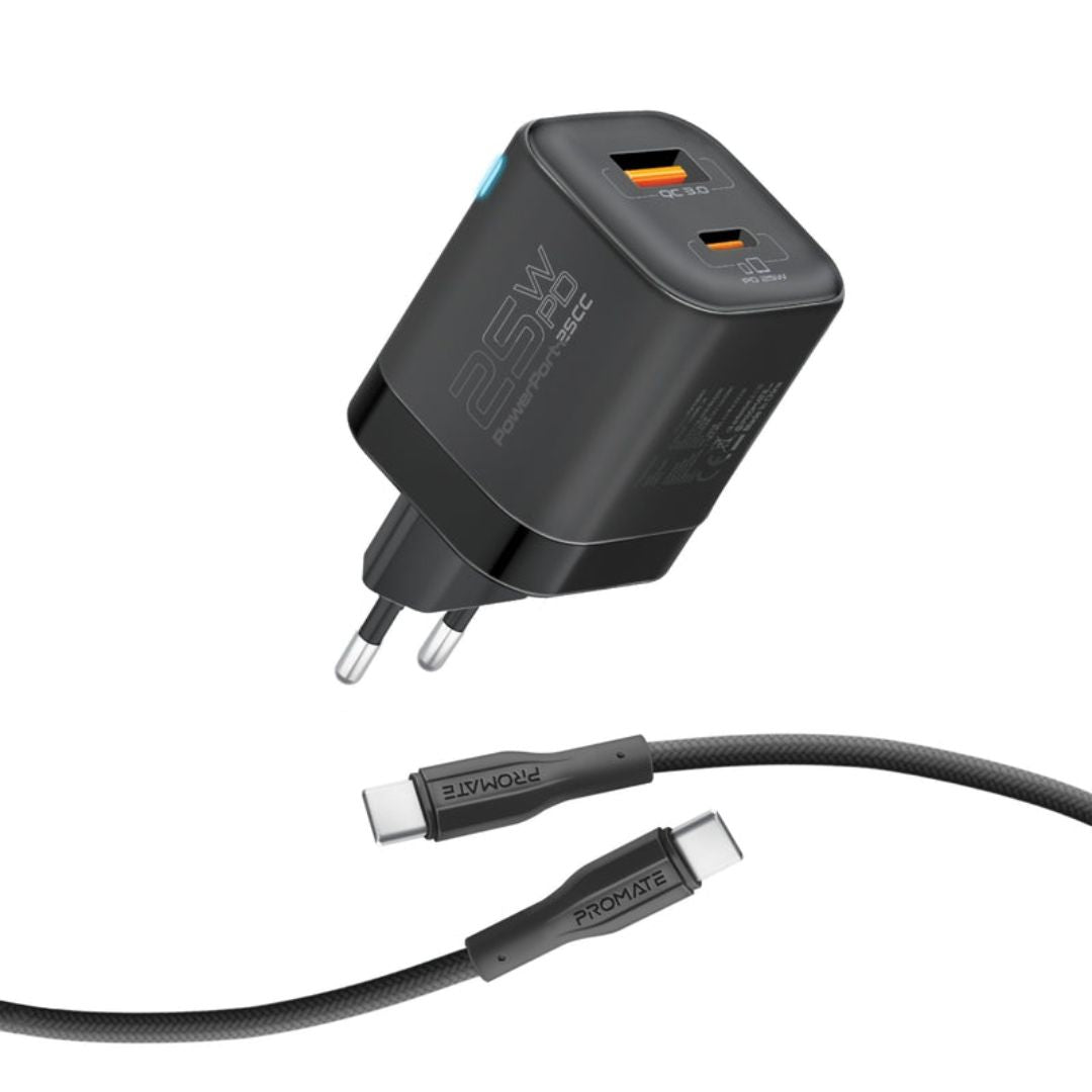 Promate PowerPort-25CC 60W USB-C 1USB-A Charger - Black