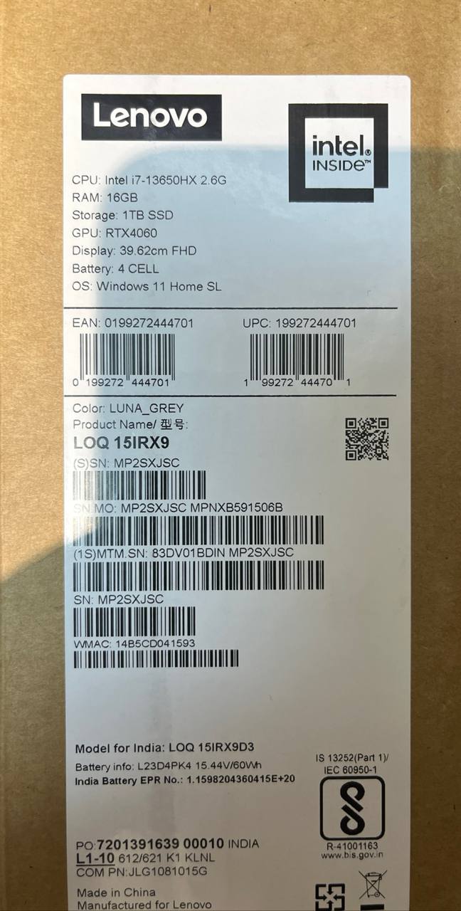 لينوفو LOQ 15IRX9 - (BDIN)، انتل كور i7-13650HX، رام 16 جيجا، SSD 1 تيرابايت، RTX 4060 8 جيجا، 15.6 بوصة FHD IPS 144 هرتز، لونا جراي