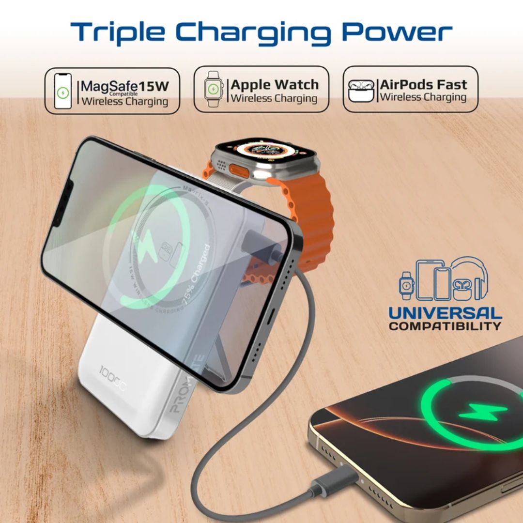 Promate Marvix-3 10000mAh 3 in 1 MagSafe Compatible Wireless Charging Power Bank - White