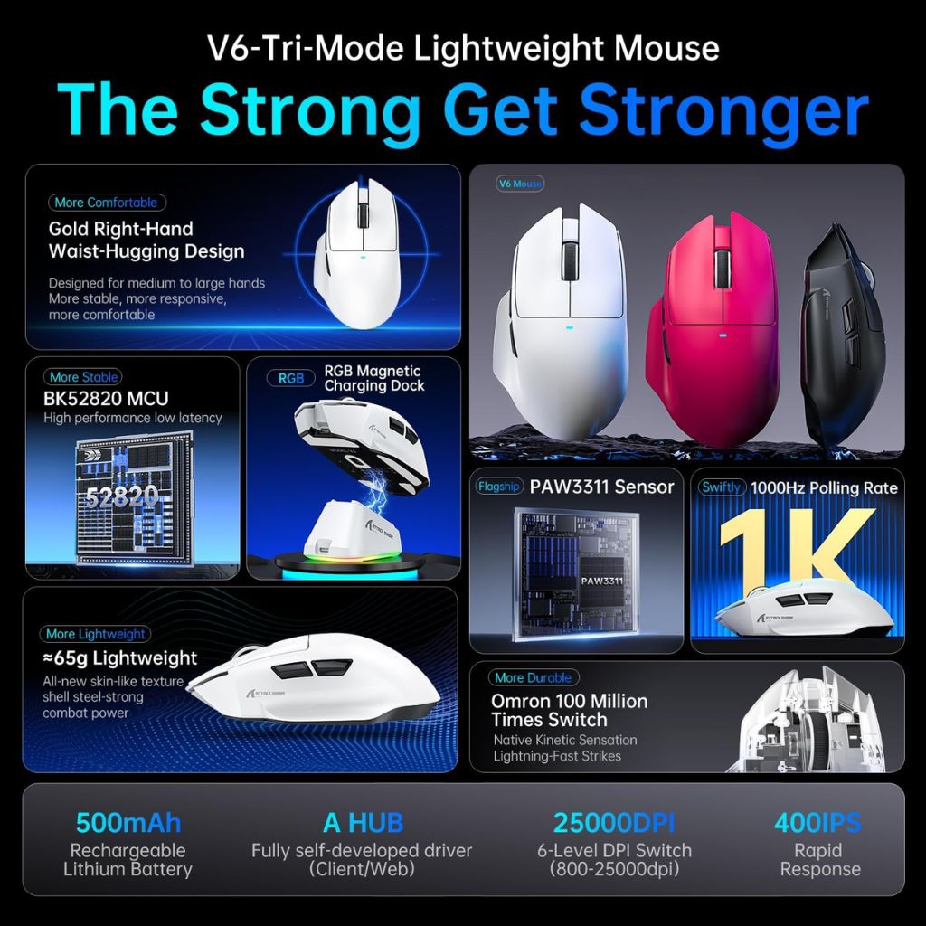 Attack Shark V6 Wireless Gaming Mouse - White