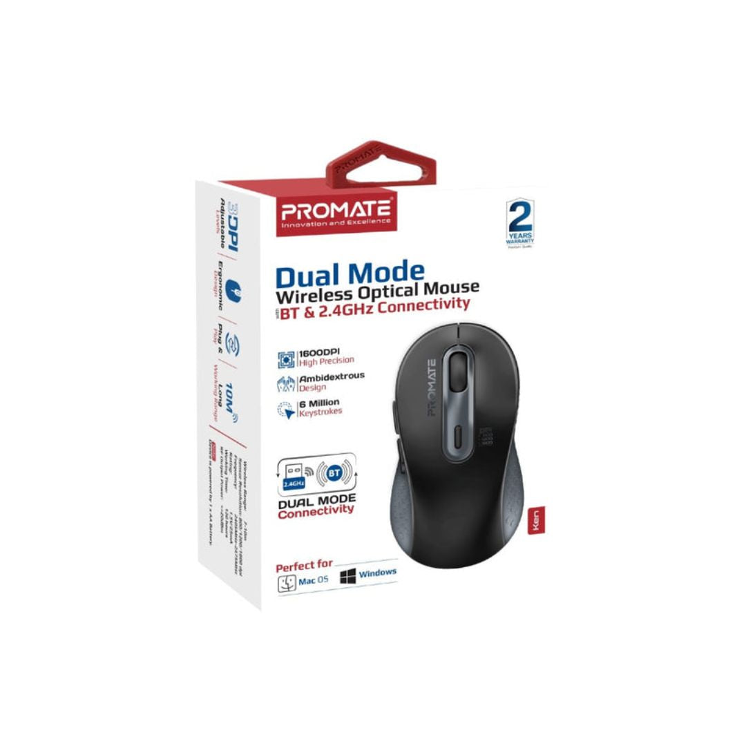 Promate Ken Dual Mode Wireless Mouse - Black
