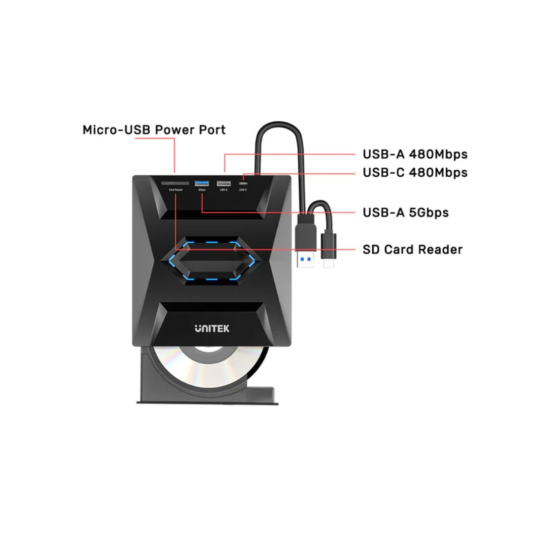 UNITEK 5-in-1 External Optical Drive with USB Hub