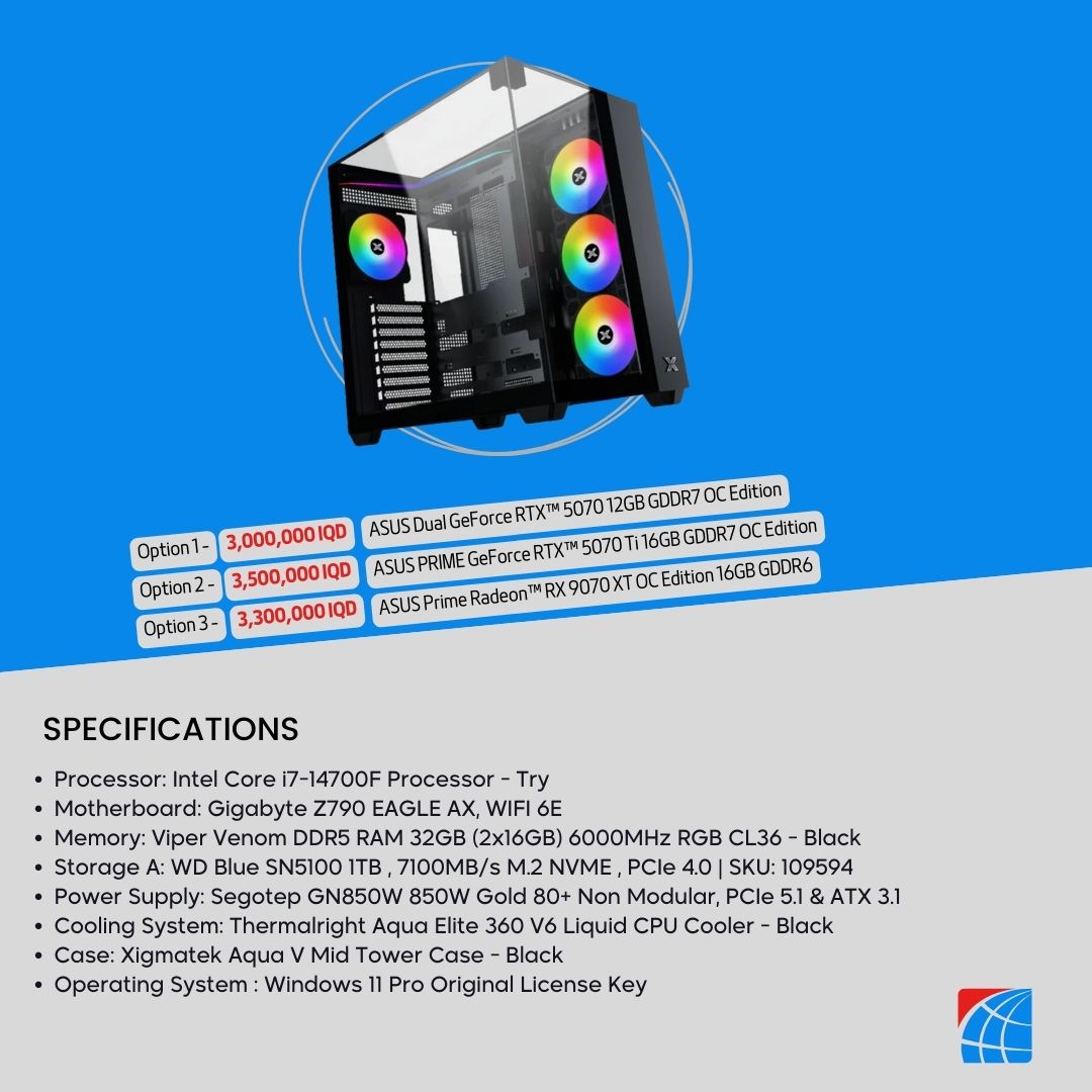 Pc Build Intel Core i7-14700F , RTX™ 5070 12GB , RTX™ 5070 Ti 16GB , RX 9070 XT OC