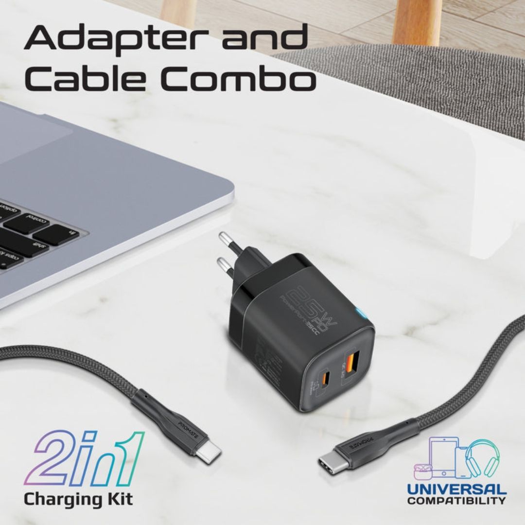 Promate PowerPort-25CC 60W USB-C 1USB-A Charger - Black