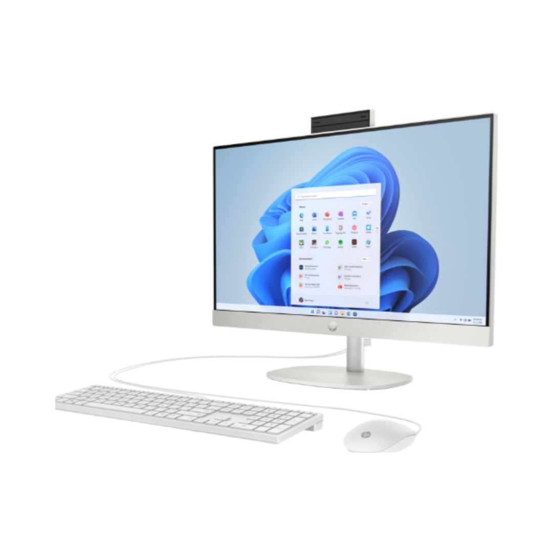 كمبيوتر مكتبي الكل في واحد HP 27-CR0156NH/CR0086NH، معالج Intel Core i7-1355U، ذاكرة وصول عشوائي (RAM) 8 جيجابايت، قرص تخزين SSD 512 جيجابايت، بطاقة رسومات Intel Iris Xe، شاشة 27 بوصة عالية الدقة (FHD)، أبيض