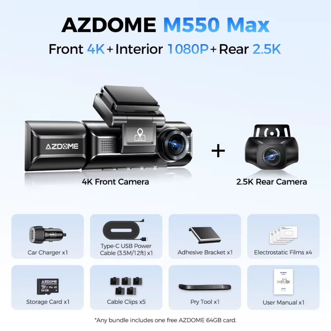 كاميرا داش كام AZDOME M550 Max بدقة 4K بثلاث قنوات - أسود