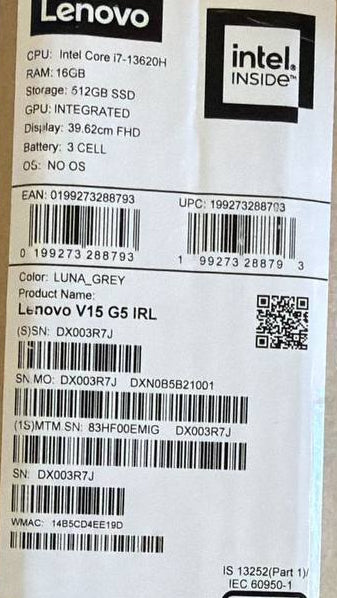 لينوفو V15 G5 IRL - (EMIG) معالج Intel Core i7-13620H، ذاكرة وصول عشوائي 16 جيجابايت، قرص صلب SSD بسعة 512 جيجابايت، معالج رسومات Intel® UHD، شاشة 15.6 بوصة FHD، لون رمادي لونا