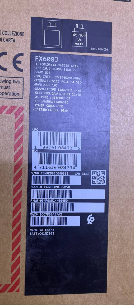 لابتوب ASUS TUF Gaming F16 FX608JMR-RV050، معالج Intel Core i7-14650HX، ذاكرة وصول عشوائي 16 جيجابايت، قرص صلب SSD بسعة 512 جيجابايت، بطاقة رسومات NVIDIA RTX 5060 بسعة 8 جيجابايت، شاشة 16 بوصة WUXGA بتردد 165 هرتز، لون رمادي ميكانيكي