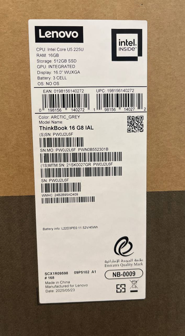 لينوفو ثينك بوك 16 G8 IAL - (27GR)، معالج إنتل كور ألترا 5-225U، ذاكرة وصول عشوائي 16 جيجابايت، قرص صلب SSD بسعة 512 جيجابايت، معالج رسومات إنتل، شاشة IPS WUXGA مقاس 16 بوصة بتردد 60 هرتز، لون رمادي قطبي