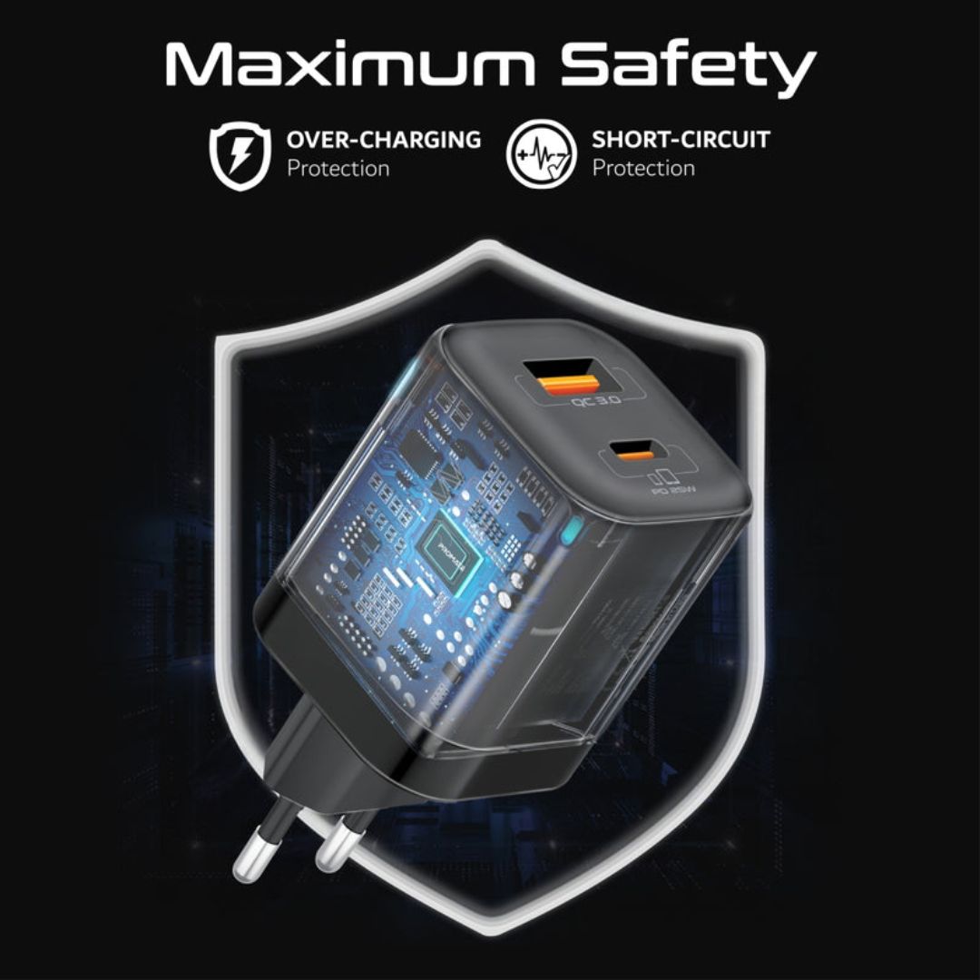 Promate PowerPort-25CC 60W USB-C 1USB-A Charger - Black
