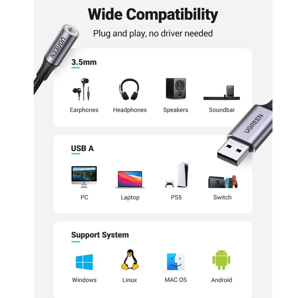 محول الصوت UGREEN UG-30757 USB-A إلى 3.5 ملم