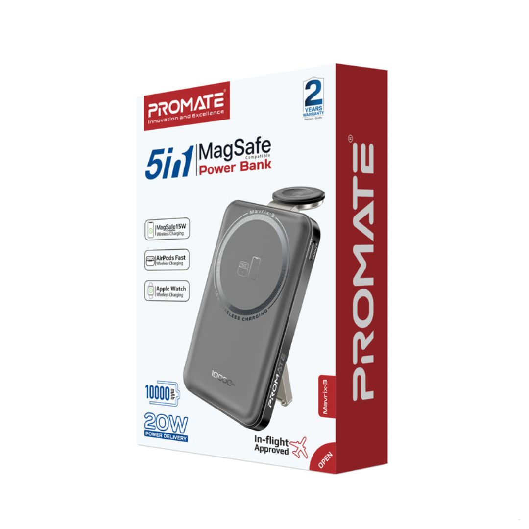 Promate Marvix-3 10000mAh 3 in 1 MagSafe Compatible Wireless Charging Power Bank - Black
