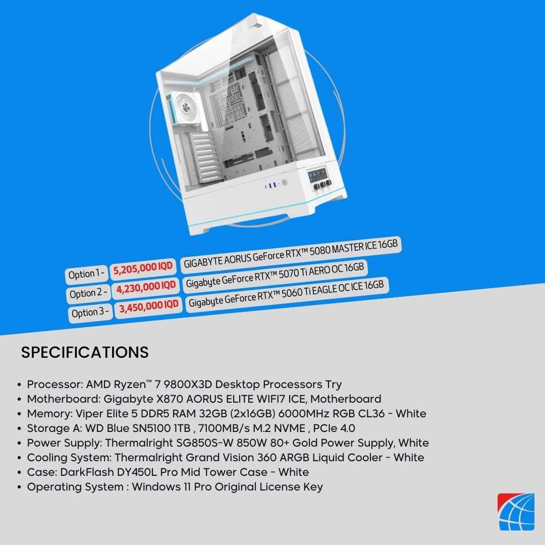 Pc Build AMD Ryzen™ 7 9800X3D , RTX™ 5080 , RTX™ 5070 Ti , RTX™ 5060 Ti - ICE