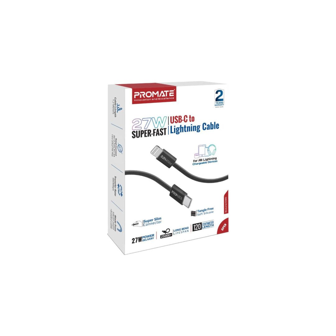 كابل بروميت EcoLine-Ci120 بمنفذ USB-C إلى Lightning بقوة 27 واط وطول 1.2 متر - أسود