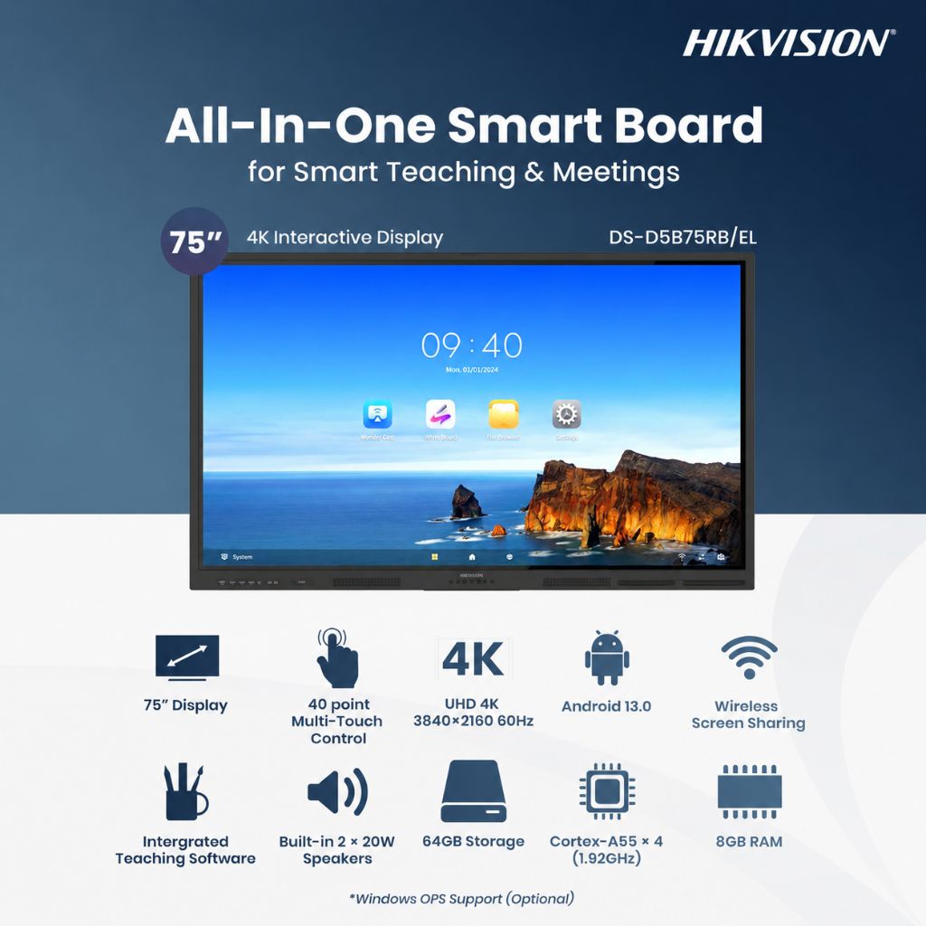 Hikvision 75-Inch 4K UHD Smart Interactive Whiteboard, Android 13.0, RAM 8GB, Storage 64GB