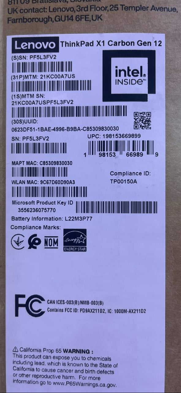 Lenovo ThinkPad X1 Carbon - (A7US), Intel Core Ultra 7-155U, RAM 32GB, SSD 512GB, Intel Graphics, 14" WUXGA IPS Touch, Black