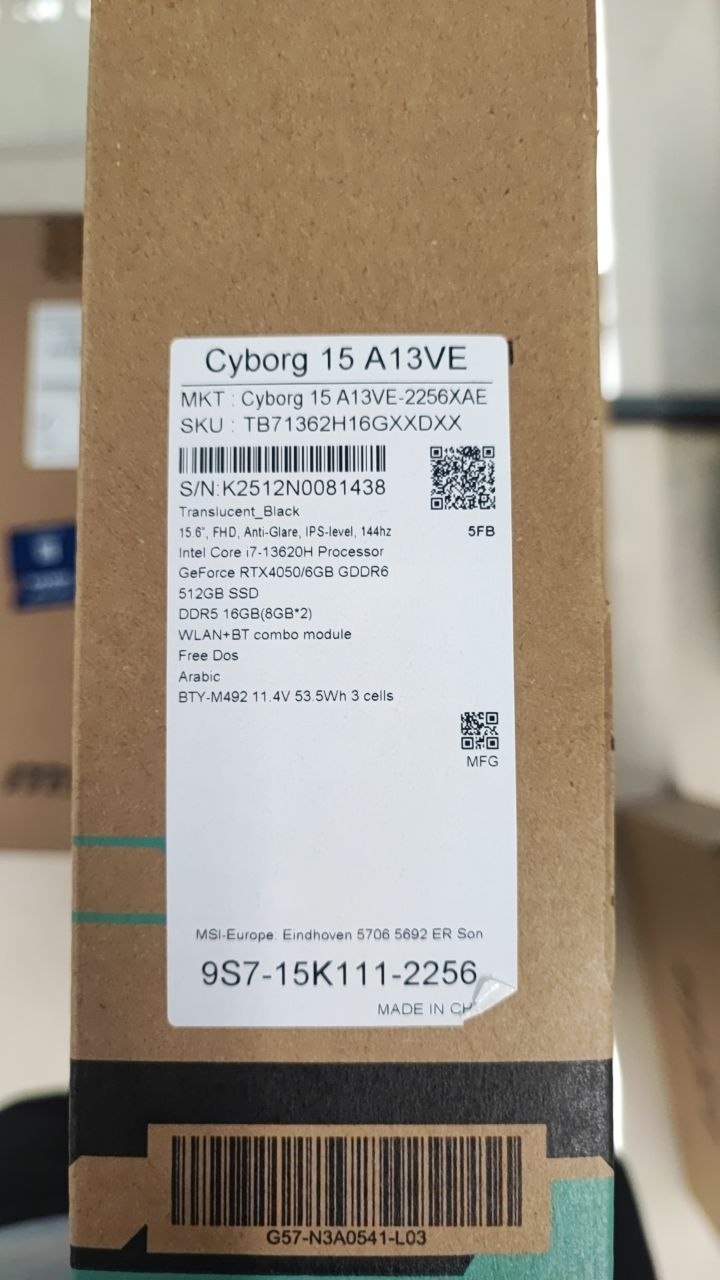 MSI Cyborg 15 A13VE-2256XAE, Intel Core i7-13620H, RAM 16GB, 512GB SSD, RTX 4050 6GB, 15.6 FHD IPS 144Hz, Black