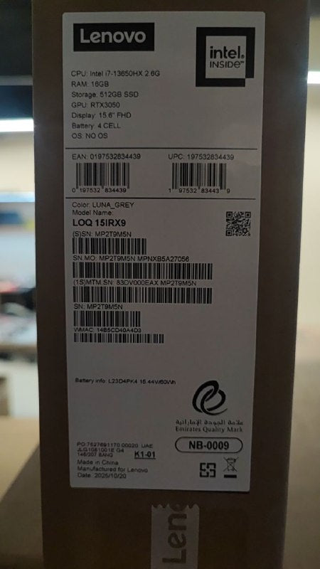 Lenovo LOQ 15IRX9 - (0EAX) انتل كور آي 7-13650HX, 16 جيجابايت رام, 512 جيجابايت اس اس دي, RTX 3050 6 جيجابايت, شاشة 15.6 بوصة FHD IPS 144 هرتز, رمادي قمري