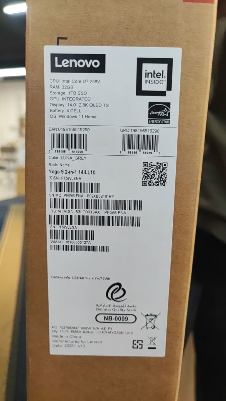 Lenovo Yoga 9 Aura Edition 14ILL10 - (13AX) Intel Core Ultra 7-258V, RAM 32GB, SSD 1TB, Intel® Arc™ Graphics 140V, شاشة لمس 14 بوصة WQXGA+ OLED 120Hz، رمادي لونا