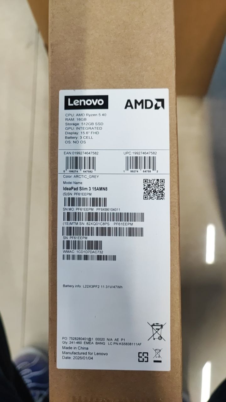 Lenovo IdeaPad Slim 3 15AMN8 - (C8PS) AMD Ryzen 5 40، ذاكرة وصول عشوائي 16 جيجابايت، قرص صلب 512 جيجابايت SSD، بطاقة رسومات Radeon™، شاشة 15.6 بوصة عالية الدقة بالكامل IPS، رمادي قطبي