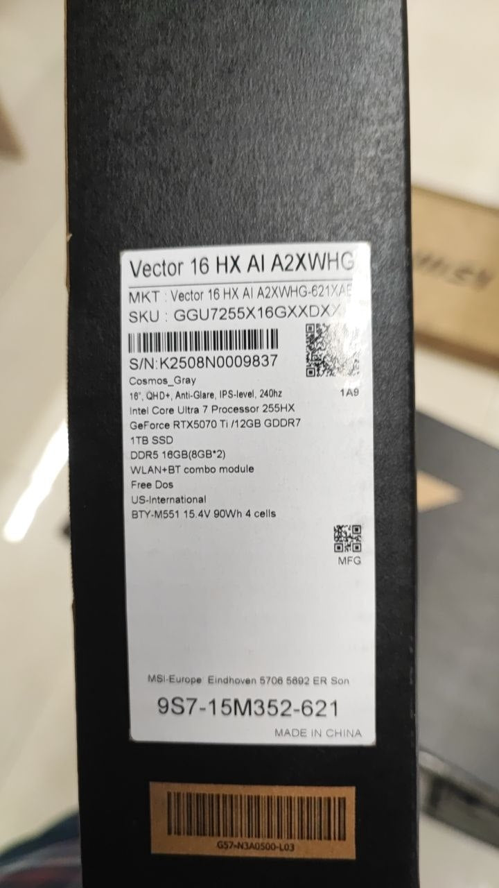 MSI Vector 16 HX AI A2XWHG-621XAB, Intel Ultra 7-255HX, RAM 16GB, SSD 1TB, RTX 5070 Ti 12GB, 16 Inch QHD+ IPS 240Hz, Cosmos Gray