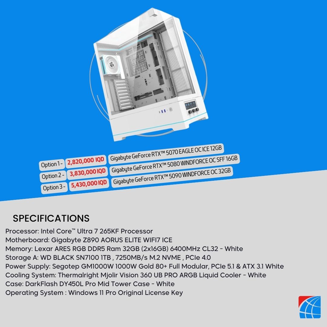 Pc Build Intel Core ™ Ultra 7 265KF Processor, RTX™ 5070 12GB , RTX™ 5080 16GB WHITE
