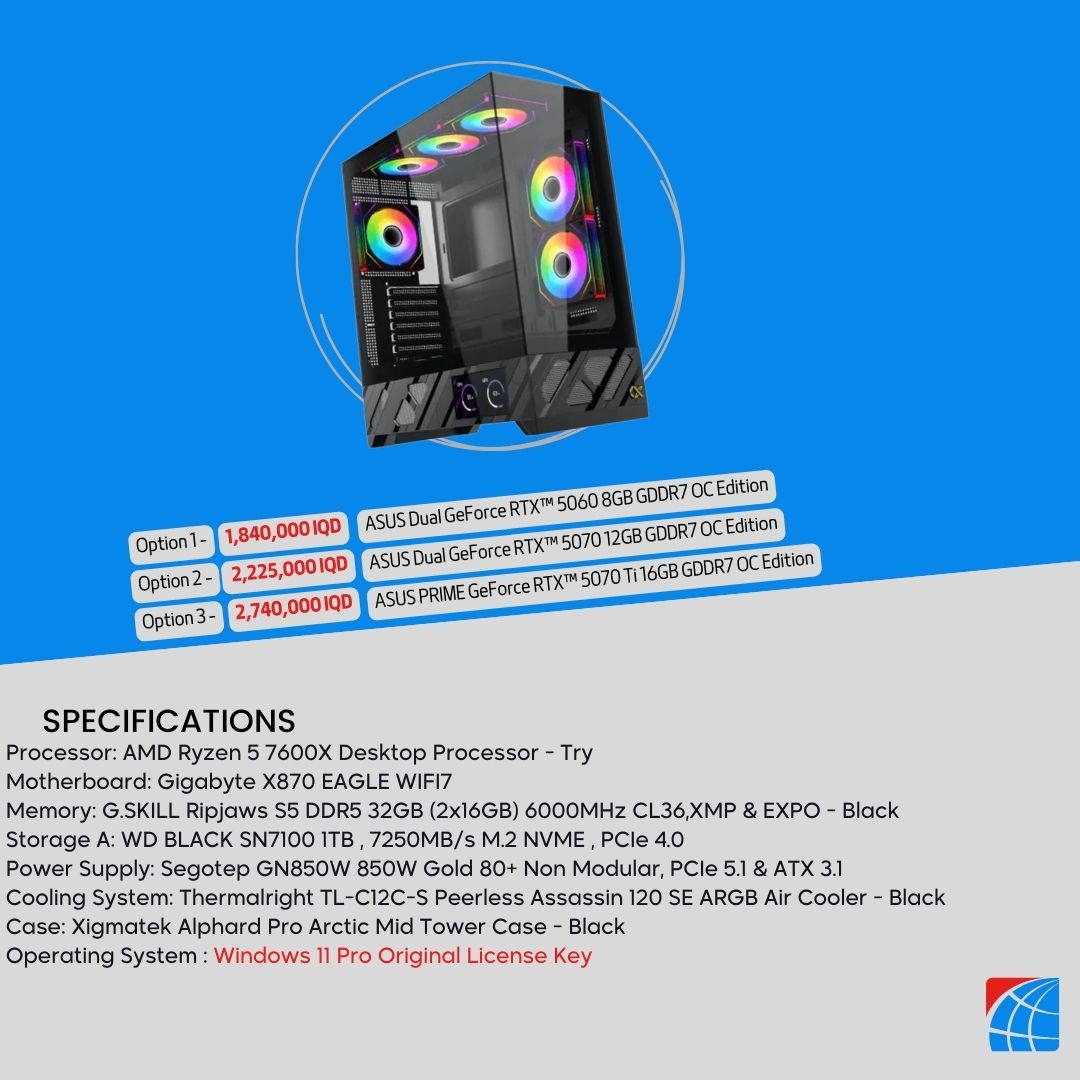 Pc Build AMD Ryzen 5 7600x , RTX™ 5060 8GB , RTX™ 5070 12GB , 5070 TI 16GB