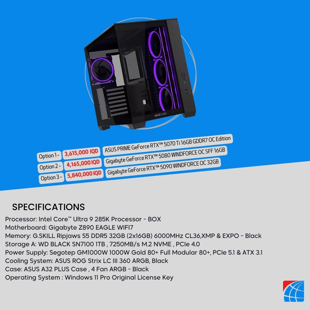 Pc Build Intel Core ™ Ultra 9 265KF Processor, RTX™ 5080 16GB , RTX™ 5090 32GB