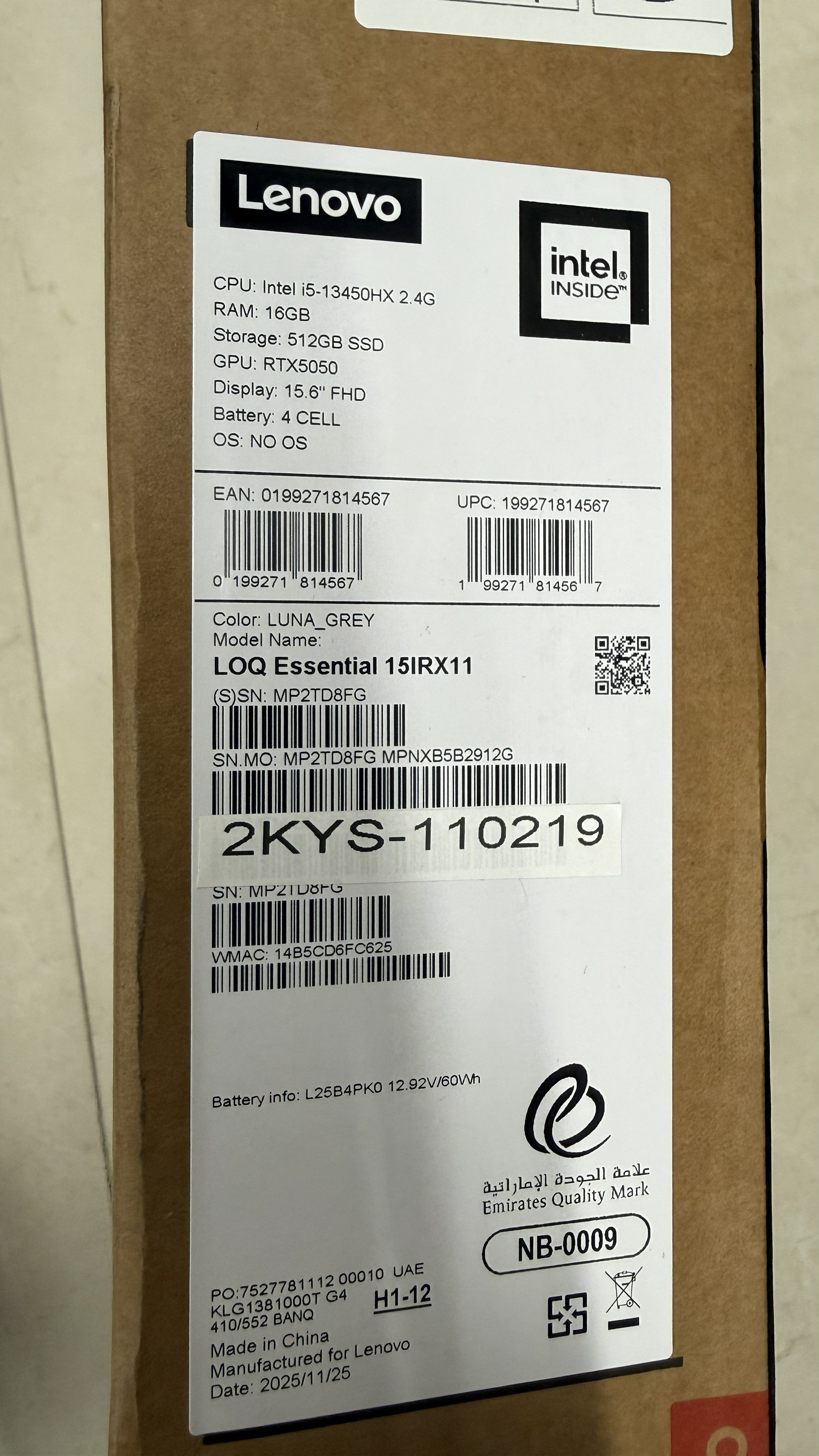 Lenovo LOQ Essential 15IRX11 - (2KUS-110219) إنتل كور i5-13450HX, 16 جيجابايت رام, 512 جيجابايت, RTX 5050 8 جيجابايت, 15.6 بوصة FHD 144 هرتز, رمادي قمري