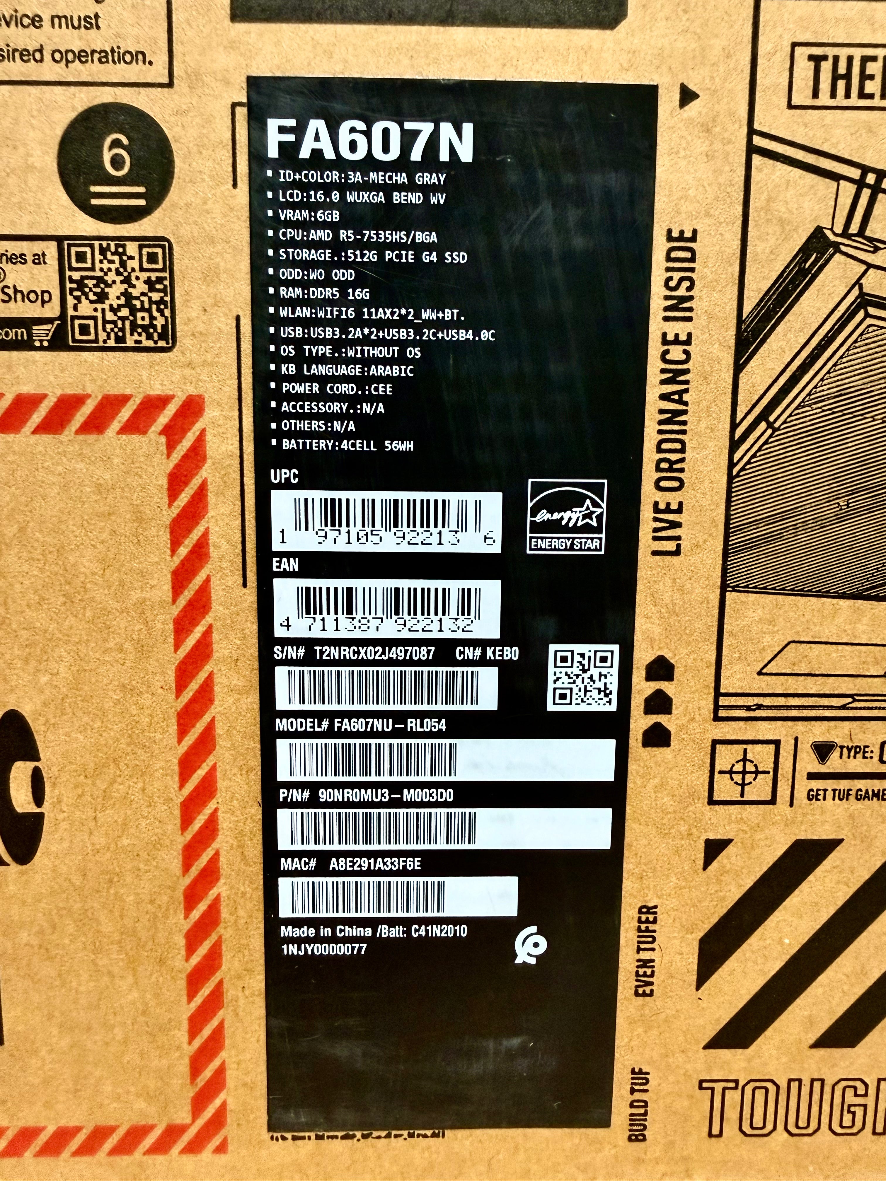 ASUS TUF Gaming A16 FA607NU-RL054, AMD Ryzen 5-7535HS, RAM 16G, SSD 512GB, NVIDIA RTX 4050 6GB, 16.0 inch WUXGA 144Hz, Mecha Gray