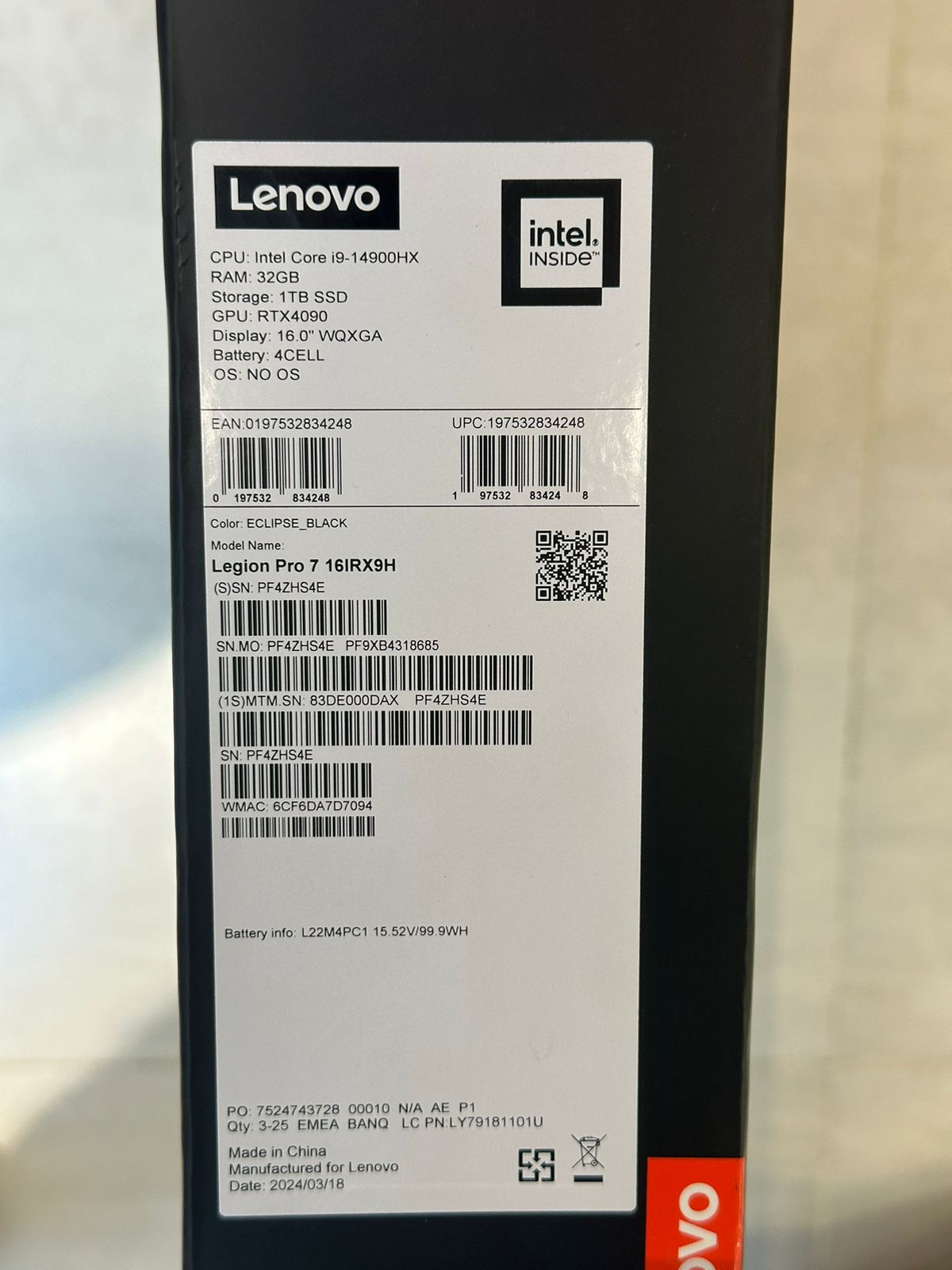 لينوفو ليجن برو 7 16IRX9H - 0DAX، انتل كور i9-14900HX، رام 32 جيجابايت، 1 تيرابايت SSD، نفيديا RTX 4090 16 جيجابايت، 16.0 بوصة 2K WQXGA (2560x1600) IPS 240 هرتز، أسود إكليبس