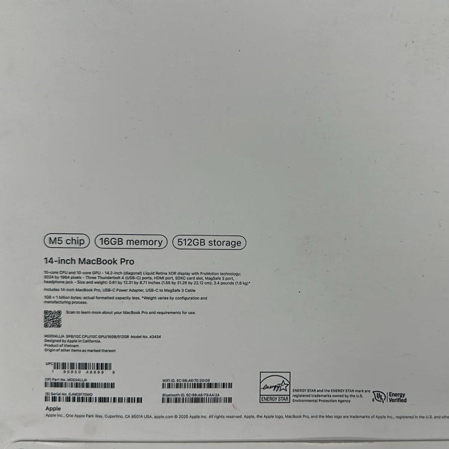 ماك بوك برو من آبل MDE04LL/A - A3434، معالج M5 (عشري النواة)، ذاكرة وصول عشوائي 16 جيجابايت، قرص صلب SSD بسعة 512 جيجابايت، معالج رسومات (عشري النواة)، شاشة 14.2 بوصة (3024 × 1964)، لون أسود فلكي