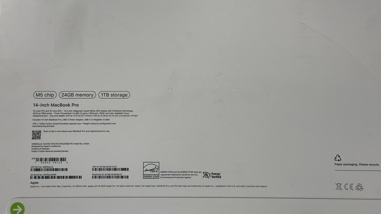 Apple Macbook Pro MDE64LL/A - A3434, M5 Chip 10C, RAM 24GB, SSD 1TB, GPU M5 10C, 14.2 (3024 x 1964) 120Hz, Silver