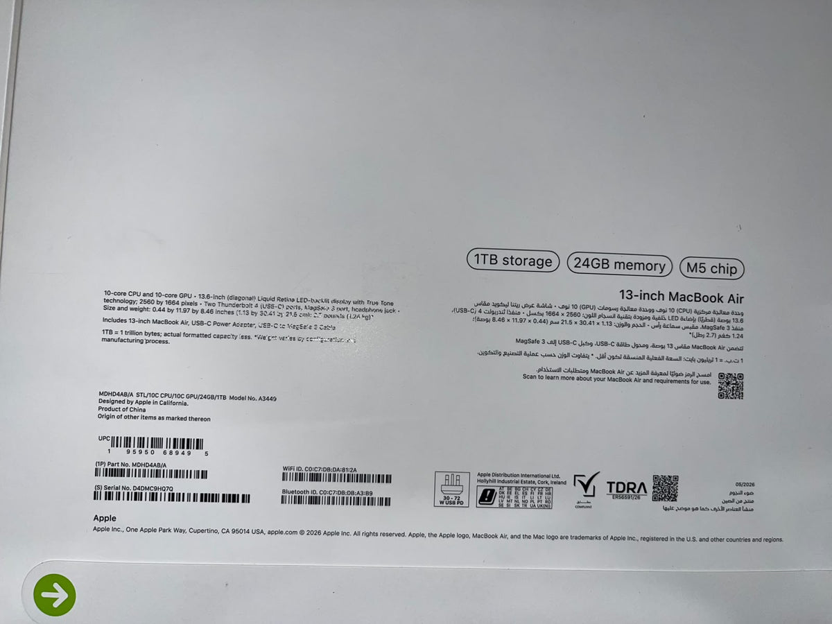 Apple Macbook Air MDHD4AB/A - A3449, M5 Chip (10 Core), GPU (8 Core), RAM 24GB, SSD 1TB, 13.6 (2560 x 1664), Starlight