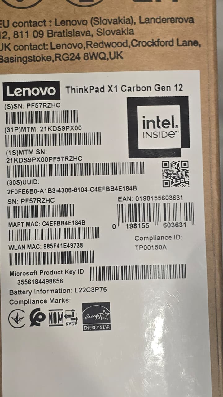 Lenovo ThinkPad X1 Carbon - (PX00) Intel Core Ultra 7-155U, RAM 32GB, SSD 1TB, Intel® Graphics, 14.0 Inch WUXGA IPS, Black