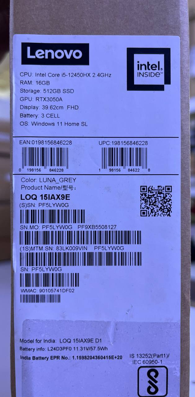 لينوفو LOQ 15IAX9E - (9VIN)، معالج Intel Core i5-12450HX، ذاكرة وصول عشوائي (RAM) سعة 16 جيجابايت، قرص SSD سعة 512 جيجابايت، بطاقة رسومات RTX 3050 سعة 4 جيجابايت، شاشة 15.6 بوصة FHD IPS بتردد 144 هرتز، لون رمادي