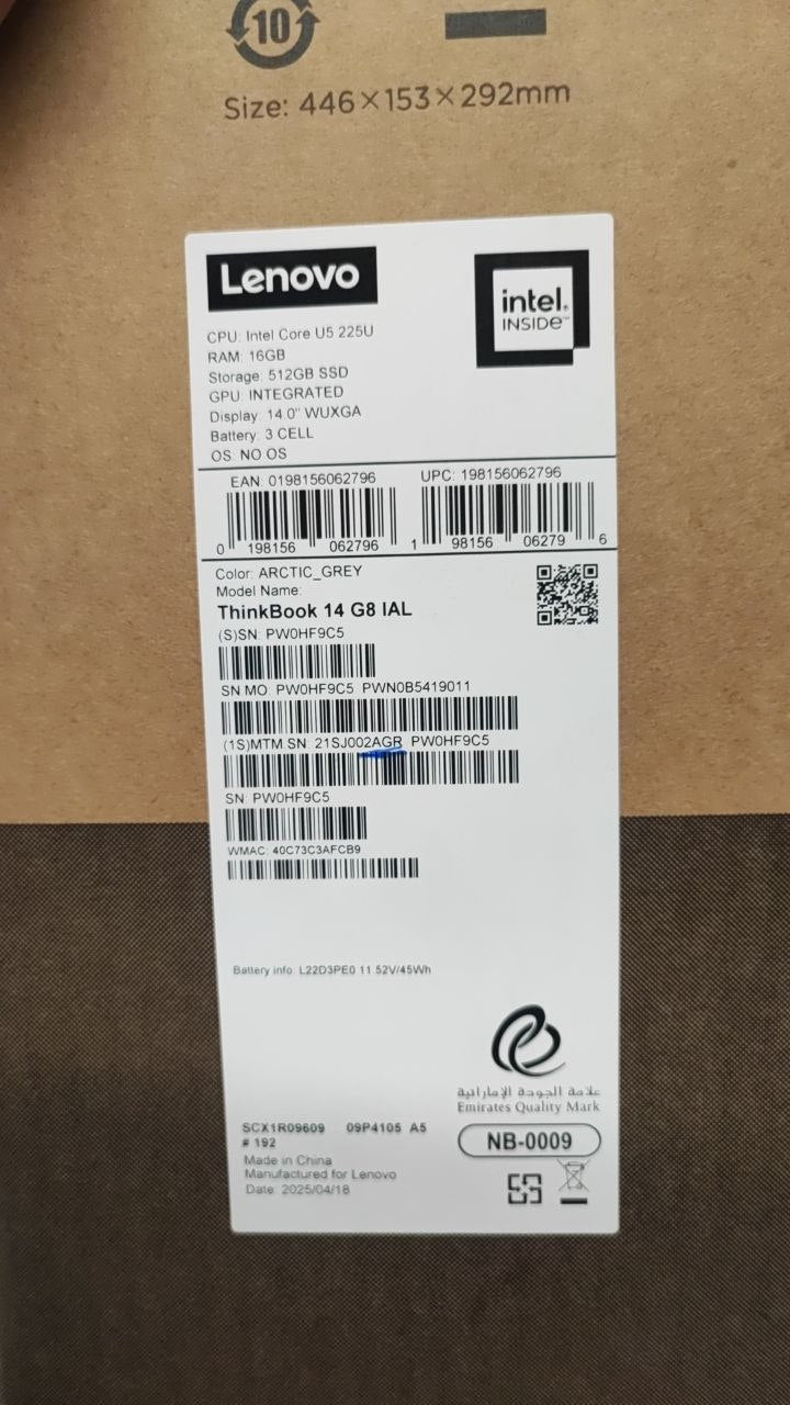 Lenovo ThinkBook 14 G8 IAL - (2AGR), Intel Ultra 5-225U, RAM 16GB, SSD 512GB, Intel Graphics, 14.0 WUXGA IPS, Arctic Grey