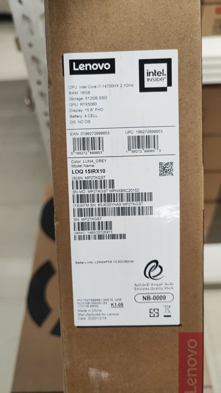 Lenovo LOQ 15IRX10 - (YHAX) Intel Core i7-14700HX, RAM 16GB, SSD 512GB, RTX 5060 8GB, 15.6 Inch 144Hz IPS, Luna Gray