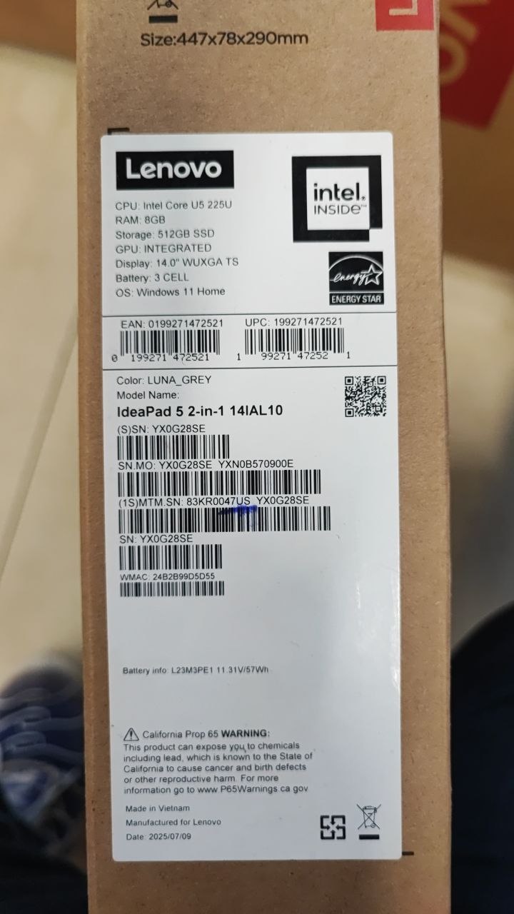 Lenovo IdeaPad 5 14IAL10 - (47US) Intel Core Ultra 5-225U, RAM 8GB, SSD 512GB, Intel Graphics™, شاشة لمس 14.0 WUXGA IPS، رمادي لونا