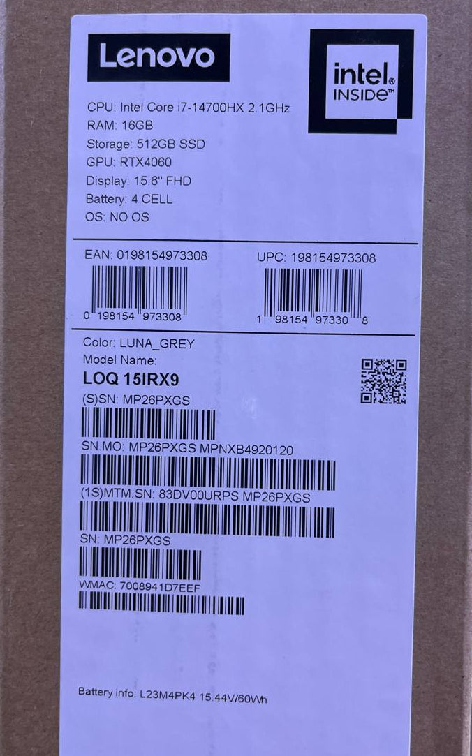 لينوفو LOQ 15IRX9 - (URPS/RMAX)، معالج Intel Core i7-14700HX، ذاكرة وصول عشوائي (RAM) سعة 16 جيجابايت، قرص SSD سعة 512 جيجابايت، بطاقة رسومات NVIDIA RTX 4060 سعة 8 جيجابايت، شاشة 15.6 بوصة FHD IPS بتردد 144 هرتز، لون رمادي