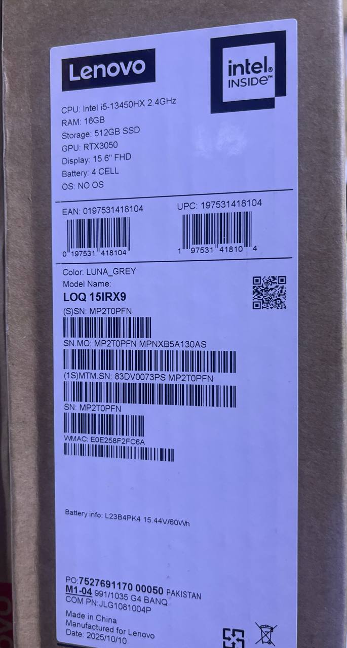 لينوفو LOQ 15IRX9 - (73PS) معالج Intel Core i5-13450HX، ذاكرة وصول عشوائي 16 جيجابايت، قرص صلب SSD بسعة 512 جيجابايت، بطاقة رسومات RTX 3050 بسعة 6 جيجابايت، شاشة 15.6 بوصة FHD IPS بتردد 144 هرتز، لون رمادي قمري