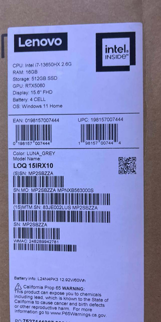 Lenovo LOQ 15IRX10 - (2LUS) Intel Core i7-13650HX, RAM 16GB, SSD 512GB, RTX 5060 8GB, 15.6 Inch FHD IPS 144Hz, Luna Gray