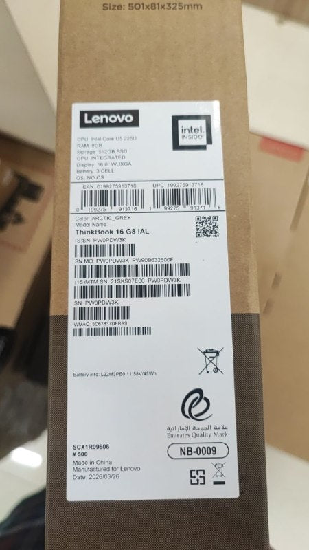 Lenovo ThinkBook 16 G8 IAL - (7E00), Intel Core Ultra 5-225H, RAM 8GB, SSD 512GB, Intel Graphics, 16.0 IPS WUXGA 60Hz, Arctic Grey