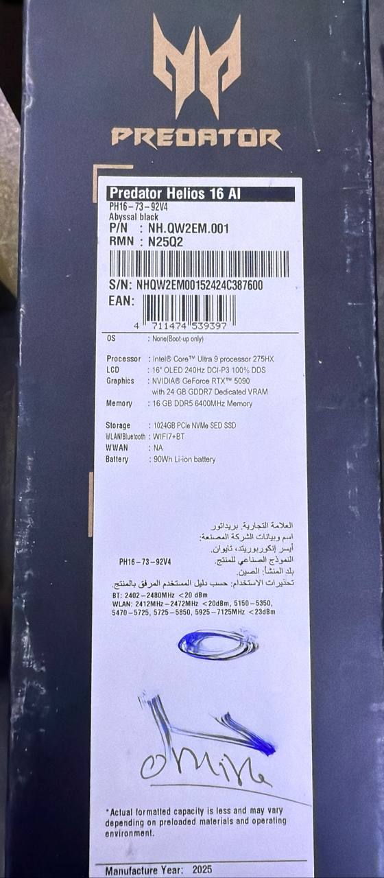 لابتوب أيسر بريداتور هيليوس 16 AI PH16-73-92V4، معالج إنتل ألترا 9-275HX، ذاكرة وصول عشوائي 16 جيجابايت، قرص صلب SSD بسعة 1 تيرابايت، بطاقة رسومات إنفيديا RTX 5090 بسعة 24 جيجابايت، شاشة OLED مقاس 16 بوصة بدقة WQXGA ومعدل تحديث 240 هرتز، لون أسود